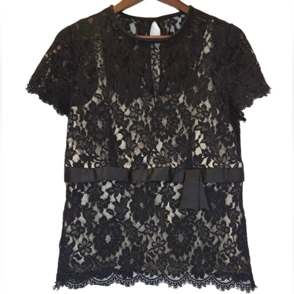 Talbots Medium Elegant Black Lace Overlay Short Sleeve Blouse